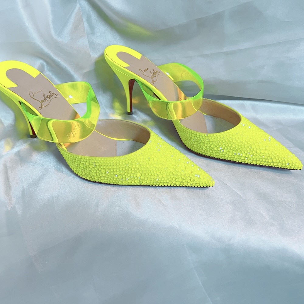 Brand New* CHRISTIAN LOUBOUTIN Suede PVC Neon Yellow Choc Strass Pumps